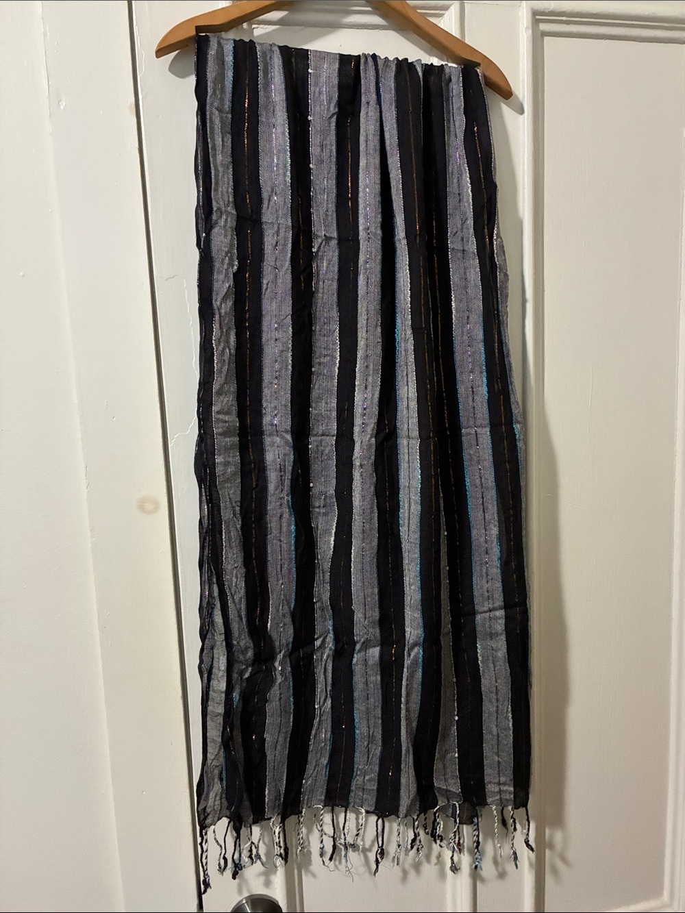 Wrapunzel Gray & Black Headwrap Scarf Fringe Bronze & Silver Threads Sequins
